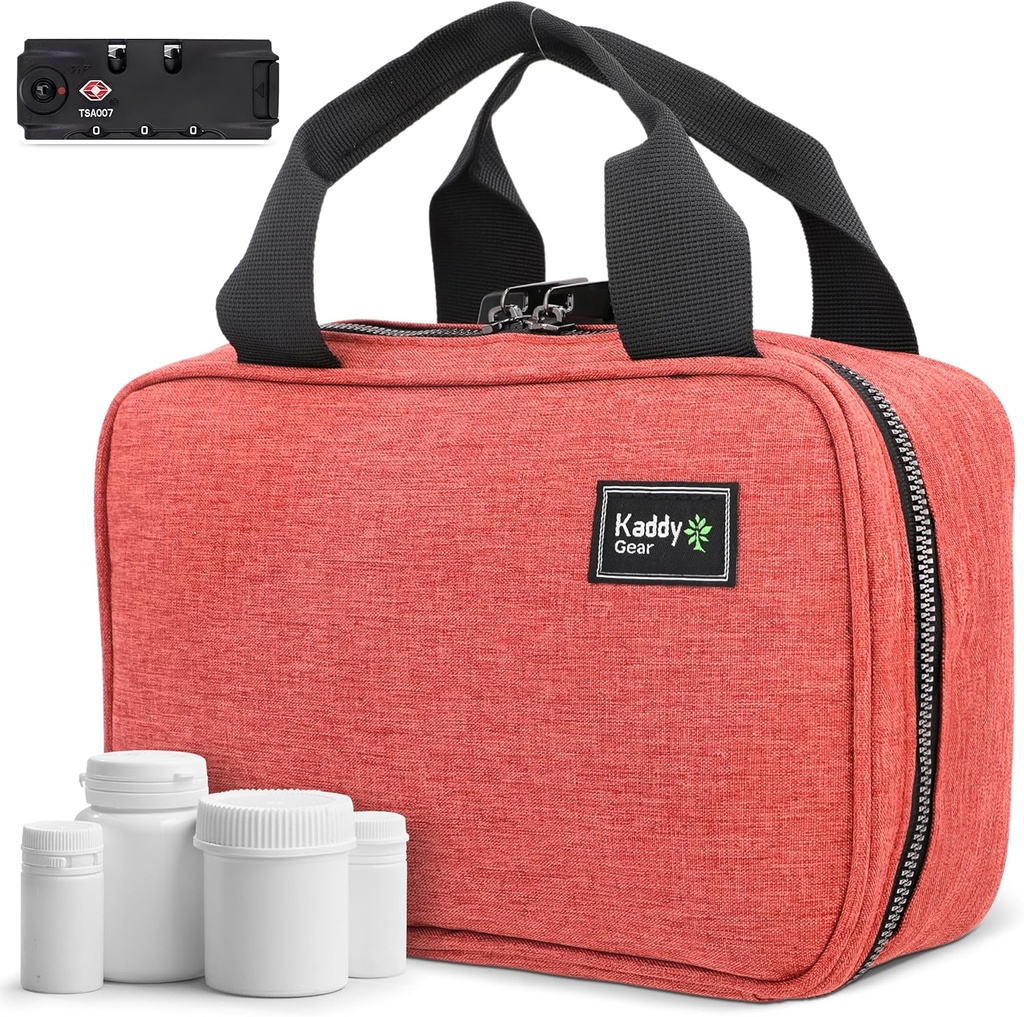 Kaddy Secure Pill Organizer Box, Skladování lahví medicíny nebo doplňky; toalety; Cestování nebo Domů, TSA Schválený zámek (červená)