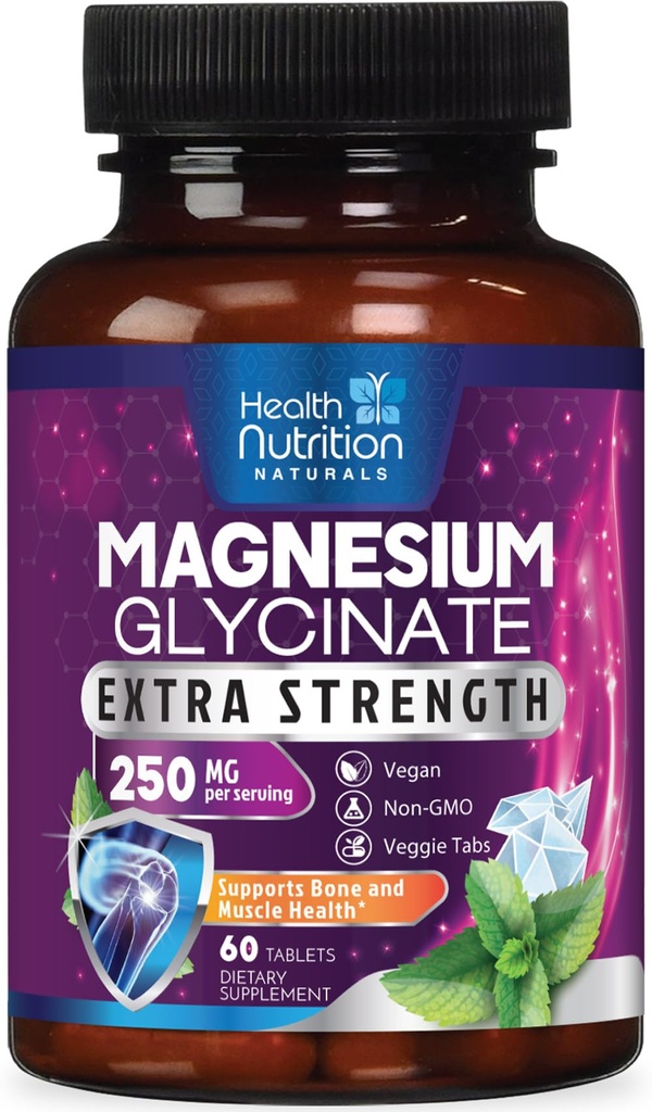 Glycinát hořečnatý 250mg - 100% chelatovaný hořčík pro Max Absorpce - Podpora spánku, Svalovina, Nervy, Podpora zdraví kostí a srdce, Nejlepší doplněk Mag, Vegan Non- GMO, 3. strana Testováno - 60 Tablety