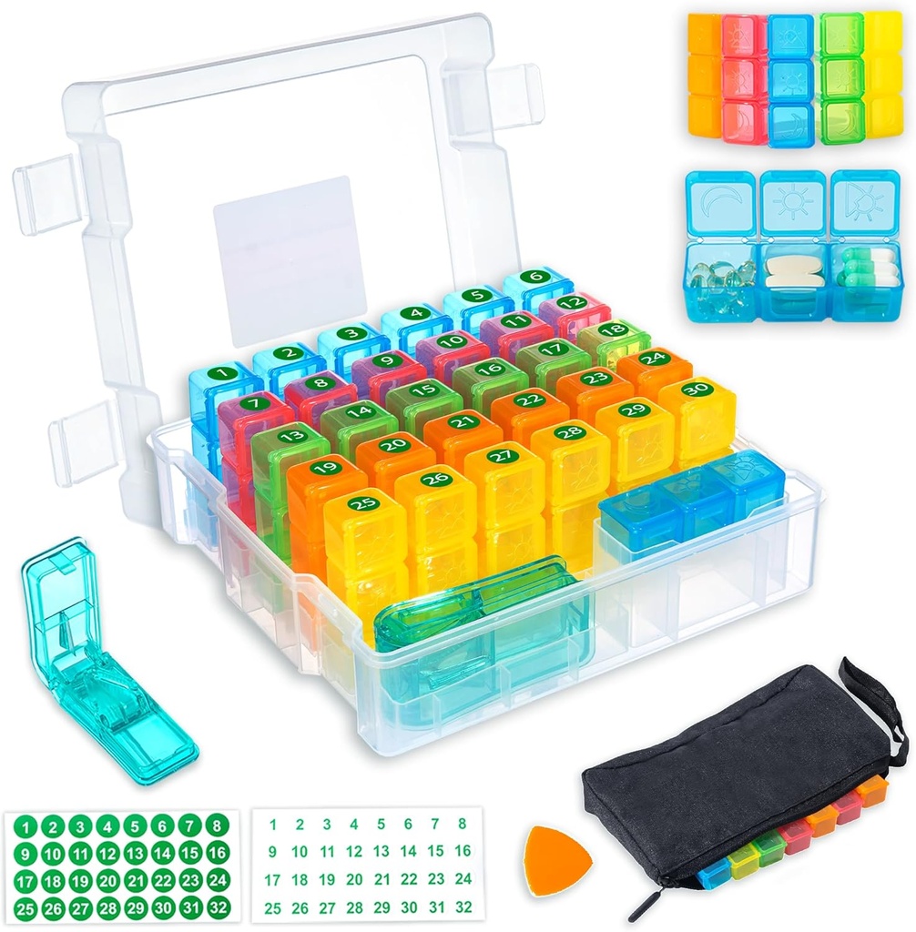 Měsíční Pill Organizátor 3 krát denně s 31- Day Moistureproof Box, Týdenní Pill Bag, Pill Cutter, Nálepky, Plastové otevření Pick pro snadné použití, Pohodlné denní léčby Management (White)