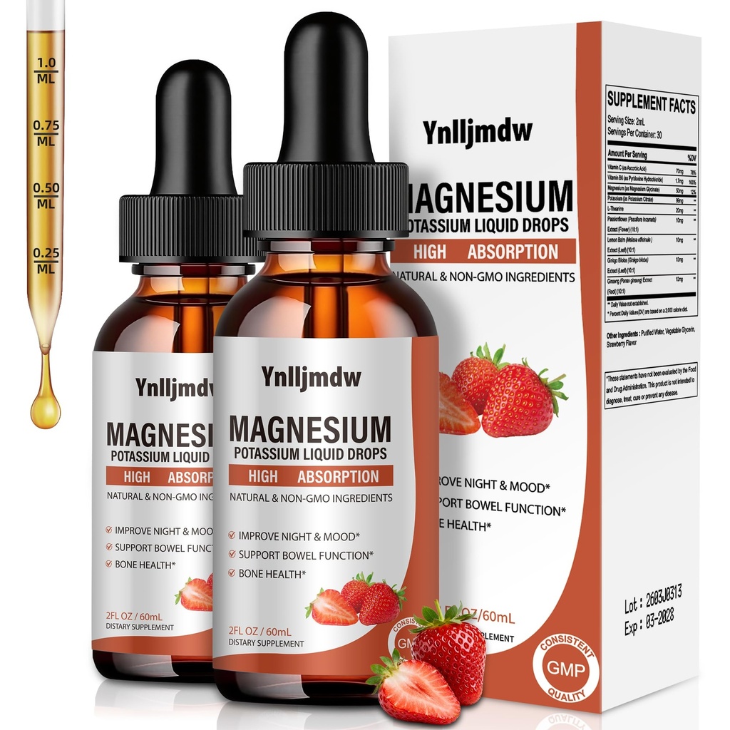 Glycinát hořečnatý Tekuté kapky, 1000 mg Tekutý hořčík Dodatek s Bromelain, Vitamin B6 C D, High Absorption Magnesium Complex for Night, Muscle & Energy Support, 2 Fl Oz (Balení po 2)