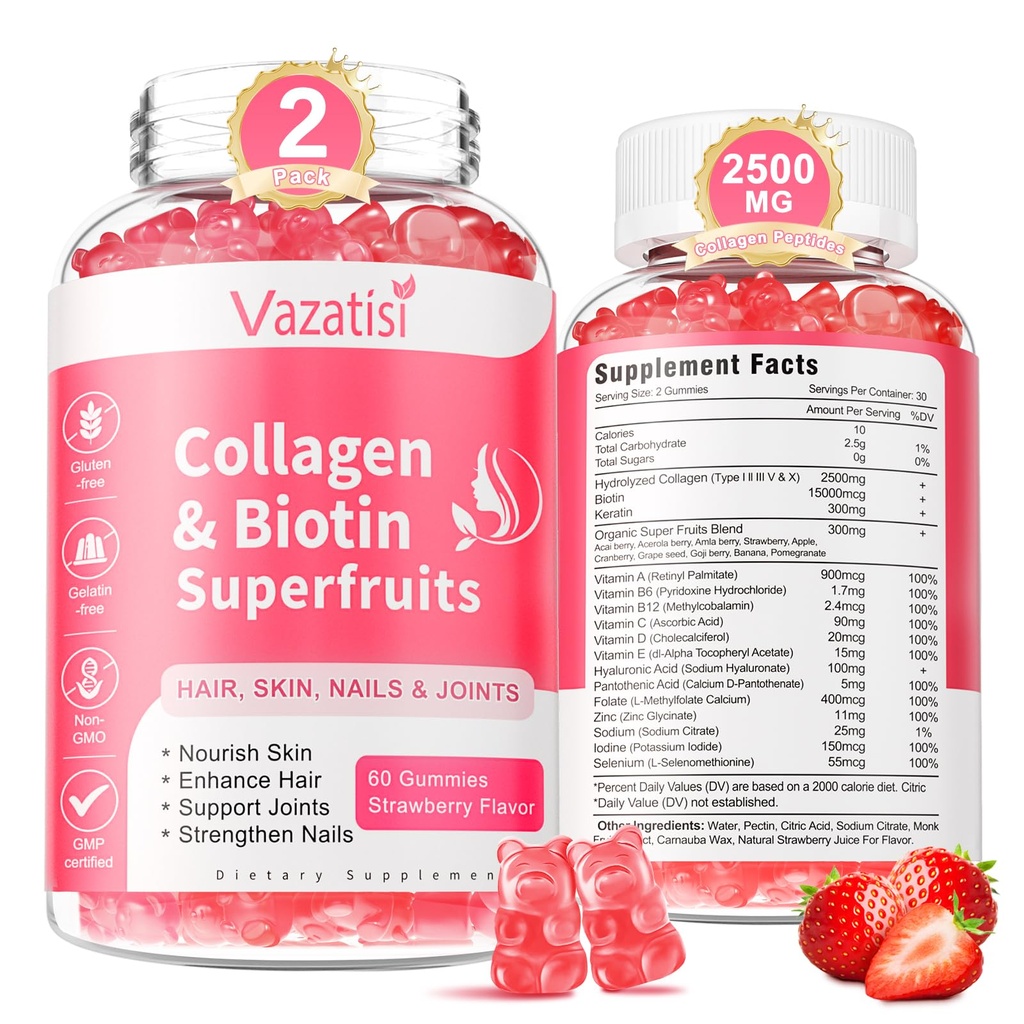 2 Balení cukru zdarma kolagen gumy pro ženy muže, Multi kolagen Peptides Gummies Typ I III V X s Biotin vitamin A B C D E pro vlasové kožní nehty, jahodové aroma, 120 Počet