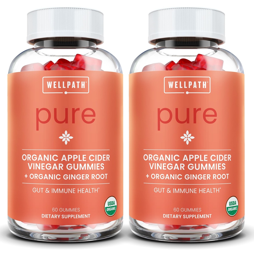 WellPath čisté ACV gumové (2 Pack) - jablečný ocet s matkou - USDA Organic Gummy se zázvorem pro Gut zdraví 124; Vegan, Non- GMO, 120 Ct