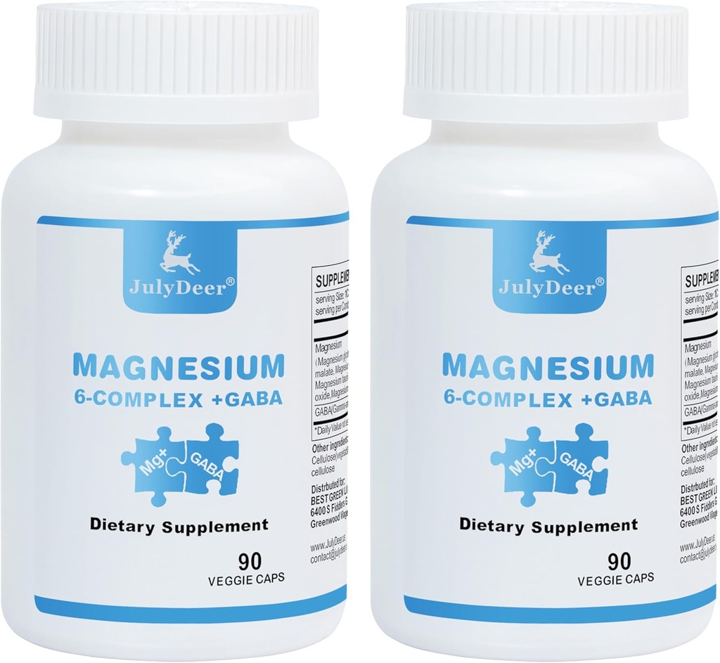 2 Lahvičky Šestinásobný komplex hořčíku 124; 350mg Glycinátu hořečnatého, Malate, Citrát, Taurie, Oxid, L- threonát pro svaloviny, Nerves, & Energy, GABA Sleep Support 124; Vysoká absorpce 124; Vegan 124; 90 Kapsle