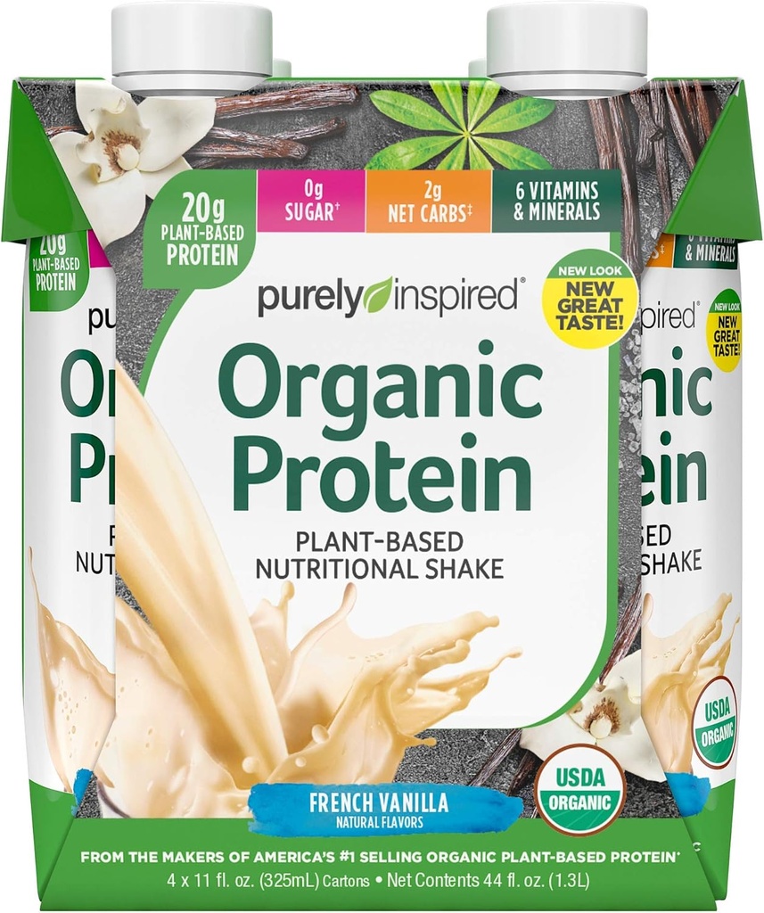 proteinové třepátka připravena k pití 124; purely inspired organic protein shake 124; 20g rostlinných bílkovin 124; organic protein drink 124; sportovní výživa RTD 124; French Vanilla, 11 fl. oz (balení po 4)