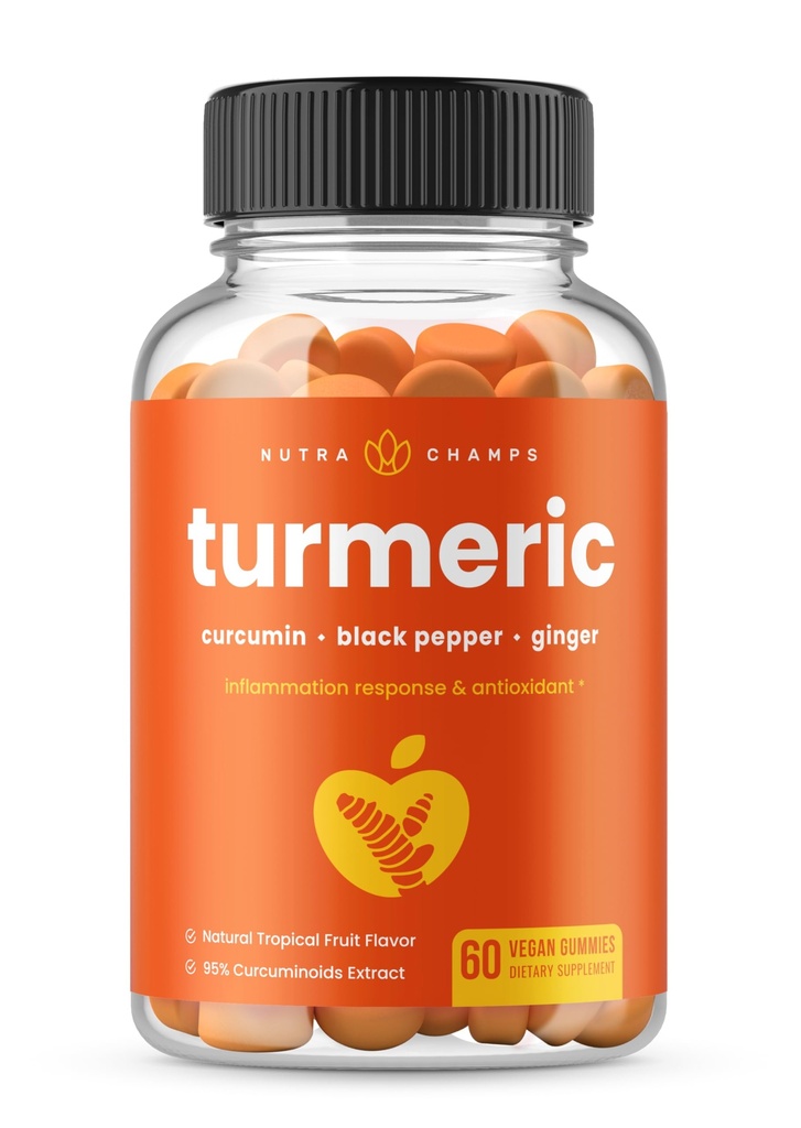 NutraChamps Kurkumin Žvýkačky pro dospělé a děti s Ginger & Black Pepper Extract, 95% Kurkuminoidy, Vegan přírodní kurkumin společný doplněk podpory, Tumerické Gummy doplňky