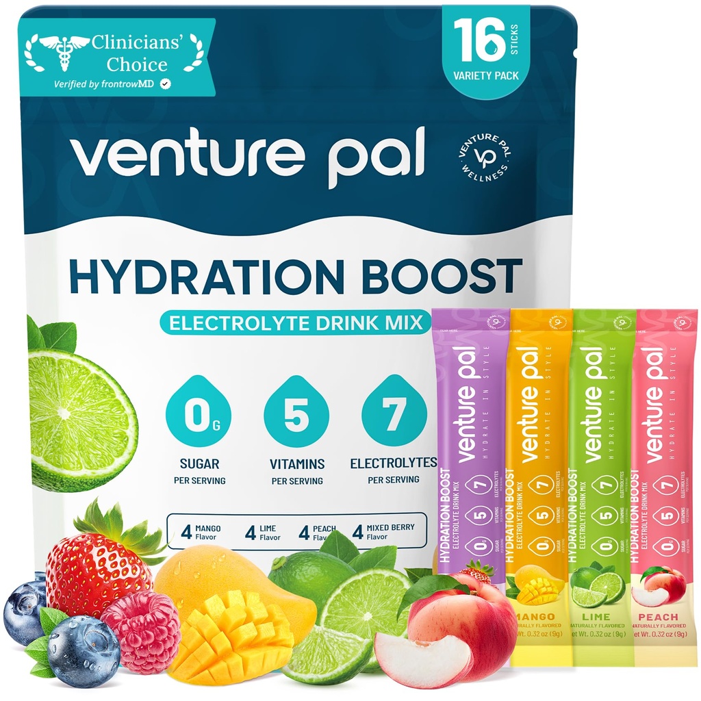 Venture Pal Sugar Free Electrolyte Powder Packets - Liquid Daily IV Hydration Packets CU124; Electrolytes Drink Mix s 5 vitaminy & 7 Electrolytes CU124; Keto Friendly CU124; Non- GMO CU124; Certified Vegan CU124; 16 Sticks