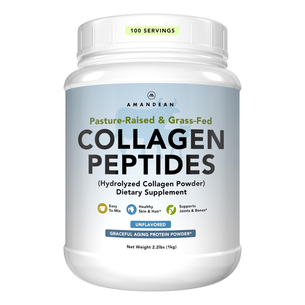 AMANDEAN kolagen Peptides Powder 1kg. Grass- Fed, Enzymaticky hydrolyzované, Typ 1 & 3. Aglomerovaný, snadno míchaný, neochucený, non-GMO. Protein s 18 aminokyselinami pro zdravou pleť, vlasy, nehty.