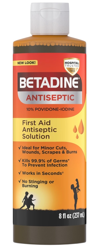 Betadine Antiseptic First Aid Solution, Povidone- jód 10%, Infekční ochrana, zabíjí bakterie v drobných řezných škrabek a popálenin, žádný zánět slitin, žádný alkohol nebo peroxid vodíku, 8 FL OZ