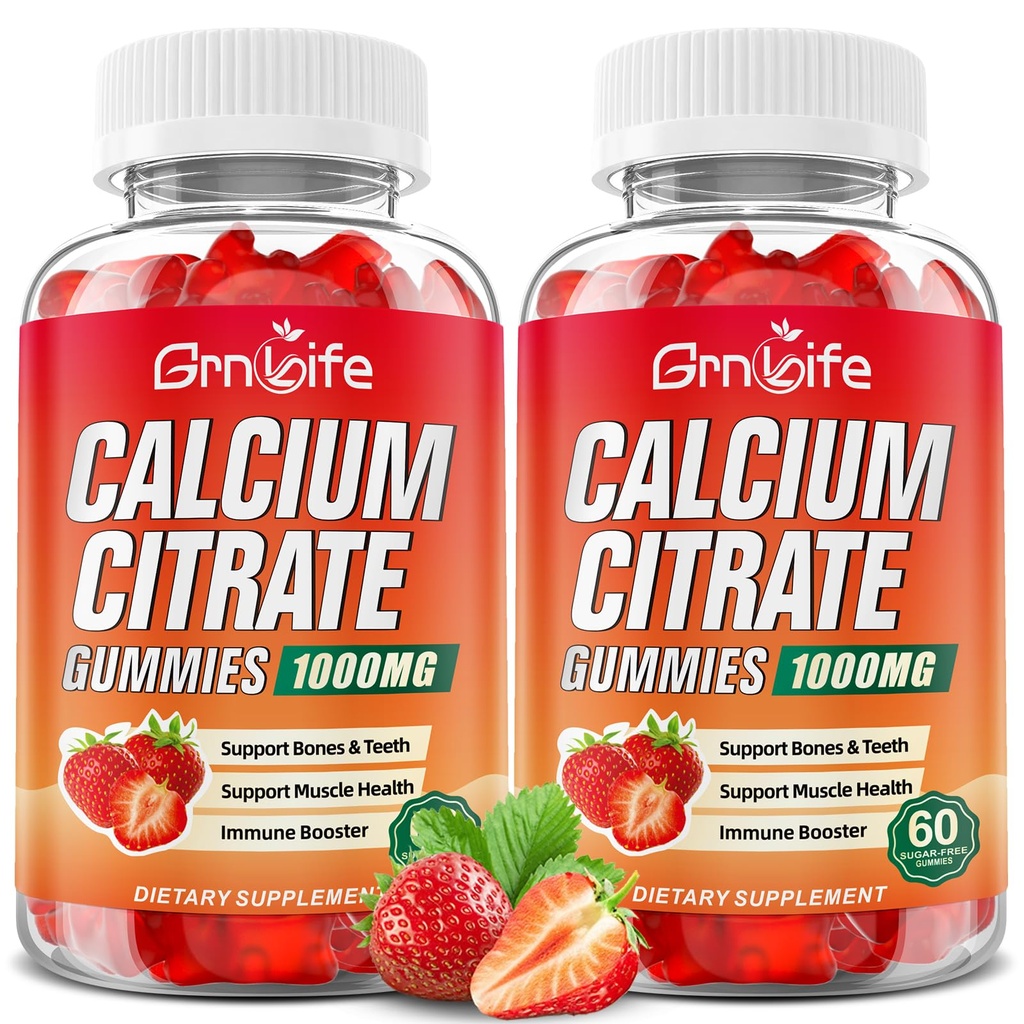 2 Pack vápníku Citrát gumové, Cukr bez vápníku Citrát 1000mg pro svaly zdravé, Absorpce vápníku doplňky pro dospělé a děti, Jahoda, 120 Počet