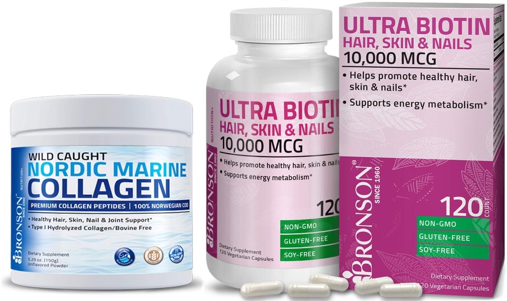 Bronson Marine Kolagen Peptidy Hydrolyzované bílkoviny prášek + Ultra Biotin 10.000 Mcg Vlasy kůže a hřebíky