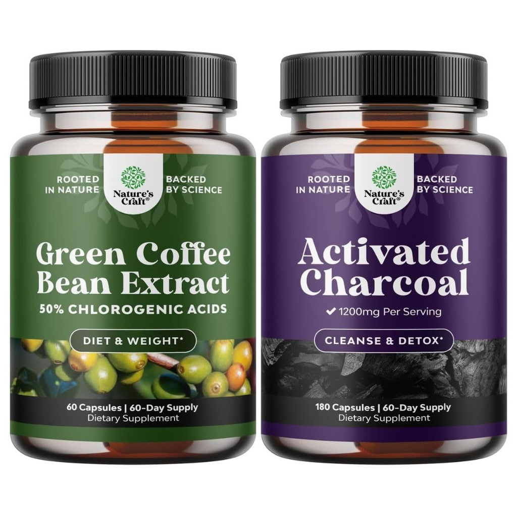 Bundle čisté zelené kávy Bean Extract pro antioxidant srdce Zdraví Duševní zaměření a zmenšení velikosti a čištění a detox Activated Charcoal Kapsle pro nadýmání úlevy a tělo Detox