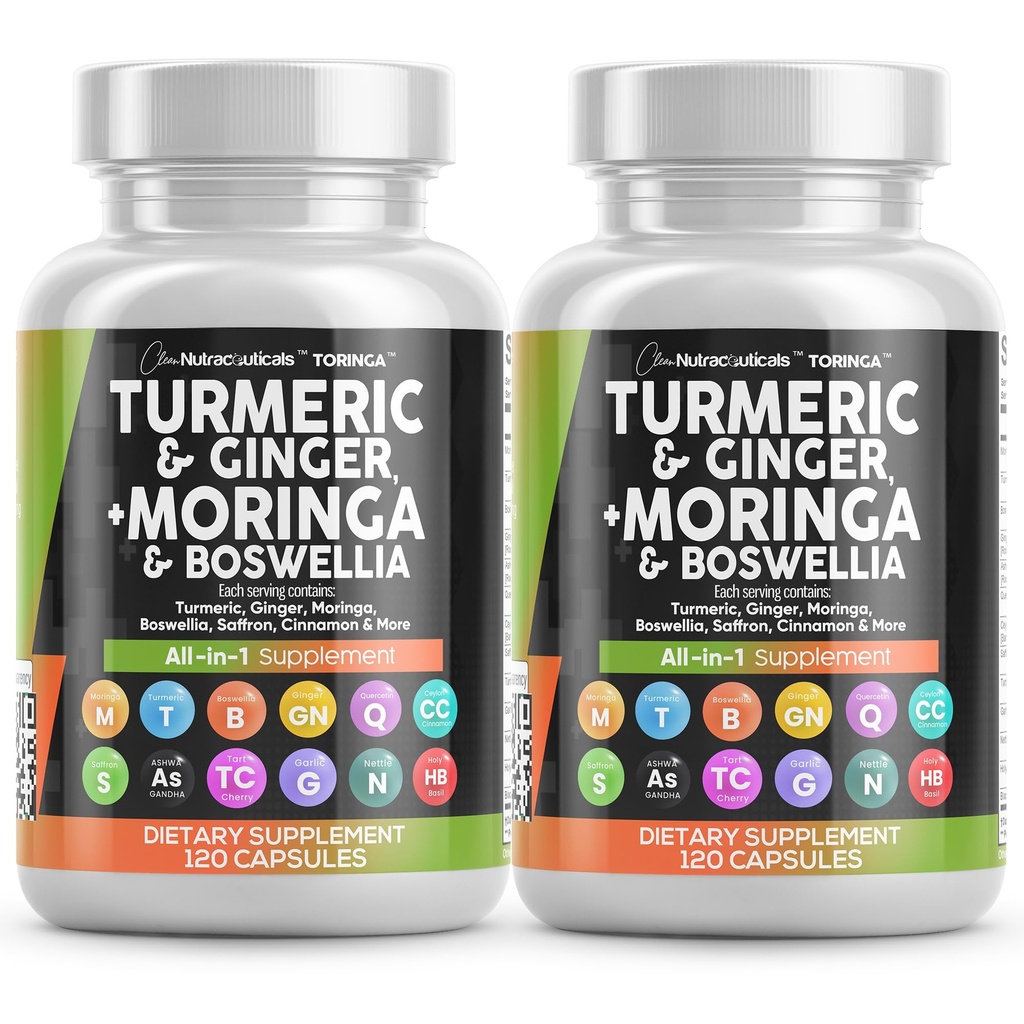 Turmeric Moringa dodatek 124; Ginger Boswellia Saffron - doplněk pro ženy a muže s Cejlonskou Skořicí, Tart Cherry, Quercetin Česnek Nettle Svatý Basil - 2Pack