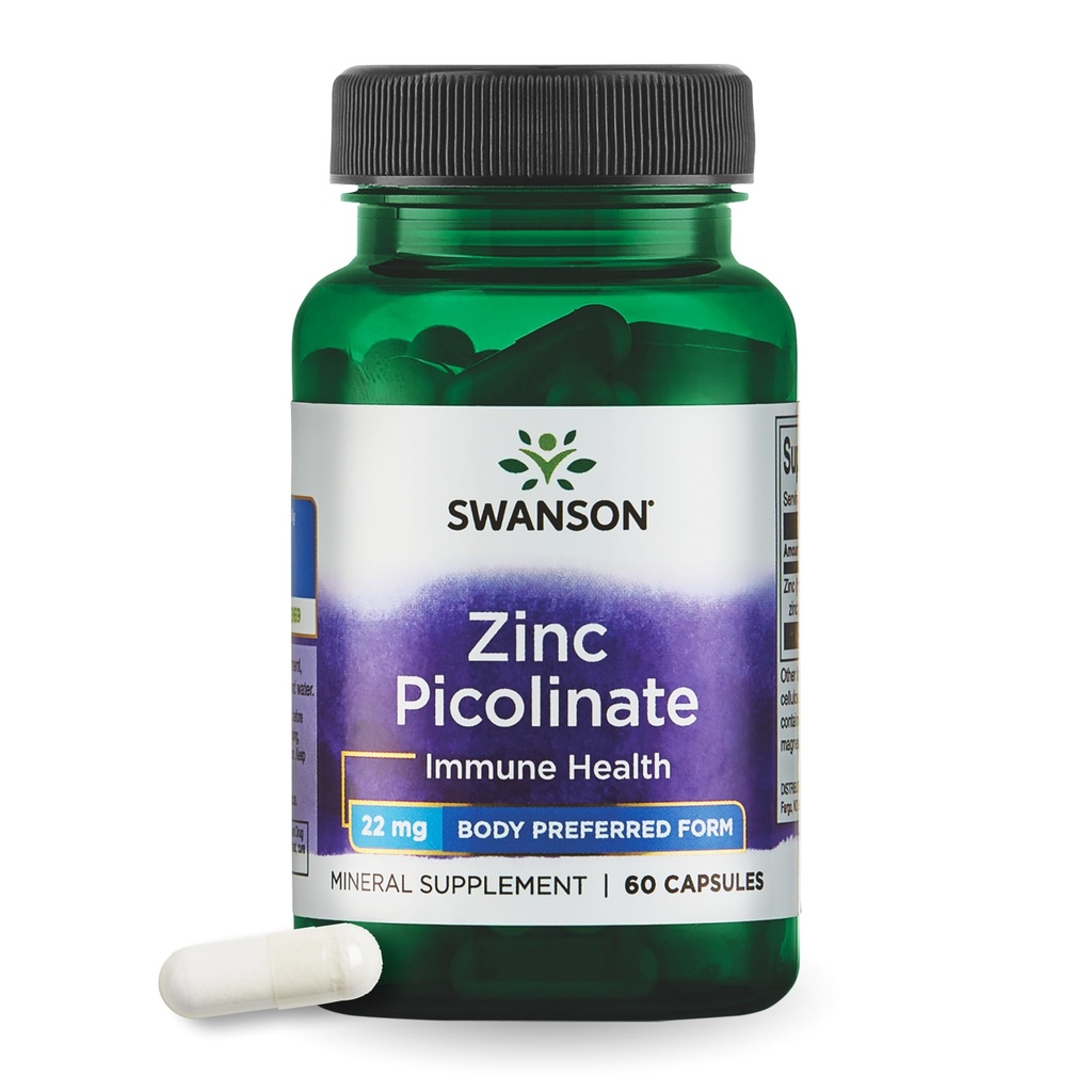 Swanson Zinek Pikolinát - Minerální dodatek na podporu zdraví prostaty, Vision Health, & Imunitní podpora - Body Preferred Form of Chelated Zinek - (60 Kapsle, 22mg každý)