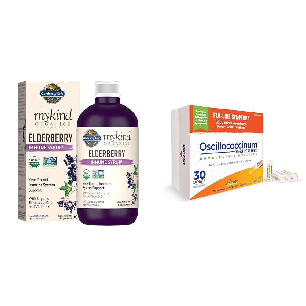 Garden of Life Organics Plant- Based Elderberry Imunitation Syruption 6.59 fl oz (195 Ml) & Boiron Oscillococcinum for Relief from Flu- Like Symptoms of Body Aches