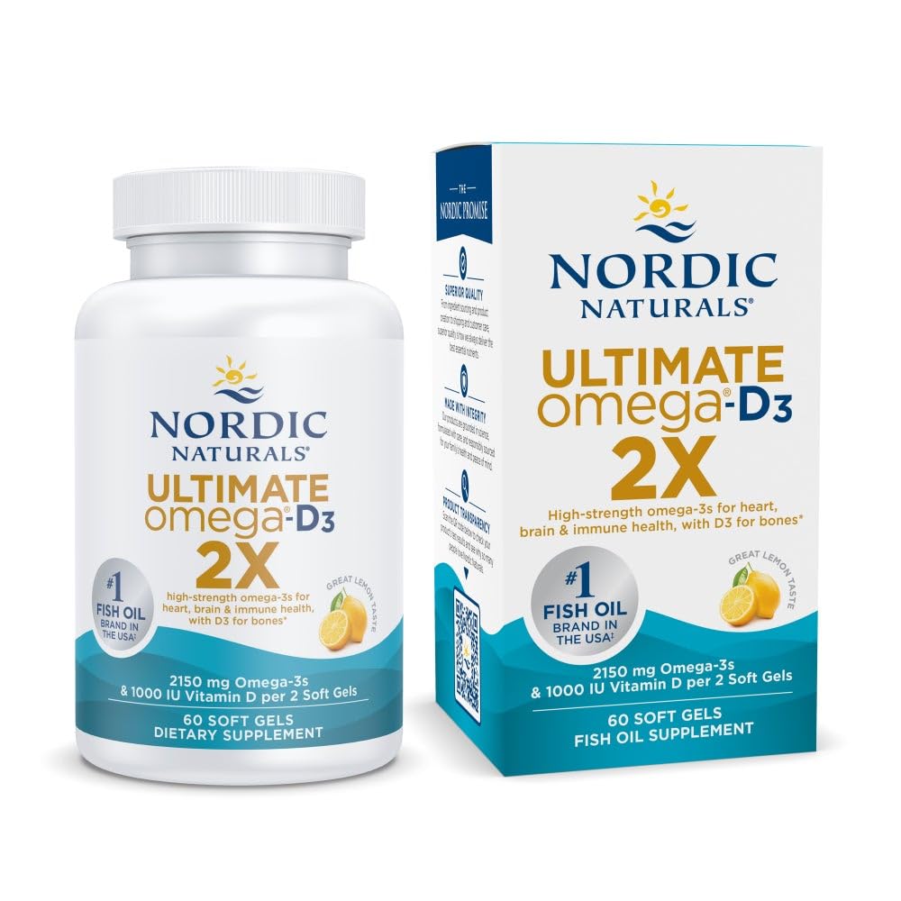 Nordic Naturals Ultimate Omega 2X s vitamínem D3, Lemon Flavor - 60 Soft Gels - 2150 mg Omega33 + 1000 IU D3 - EPA & DHA - Mozek, srdce, a imunitní zdraví - 30 Služeb