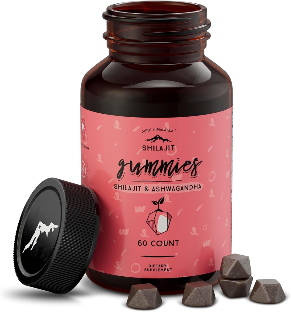 Čisté himalájské shilajit gumies, Sugar- Free, 85 + stopové minerály & Fulvic Acid for Energy, Metabolismus a imunitní podpora, Shilajit pro muže a ženy, Ashwaghanda Gummies (60 Počet)