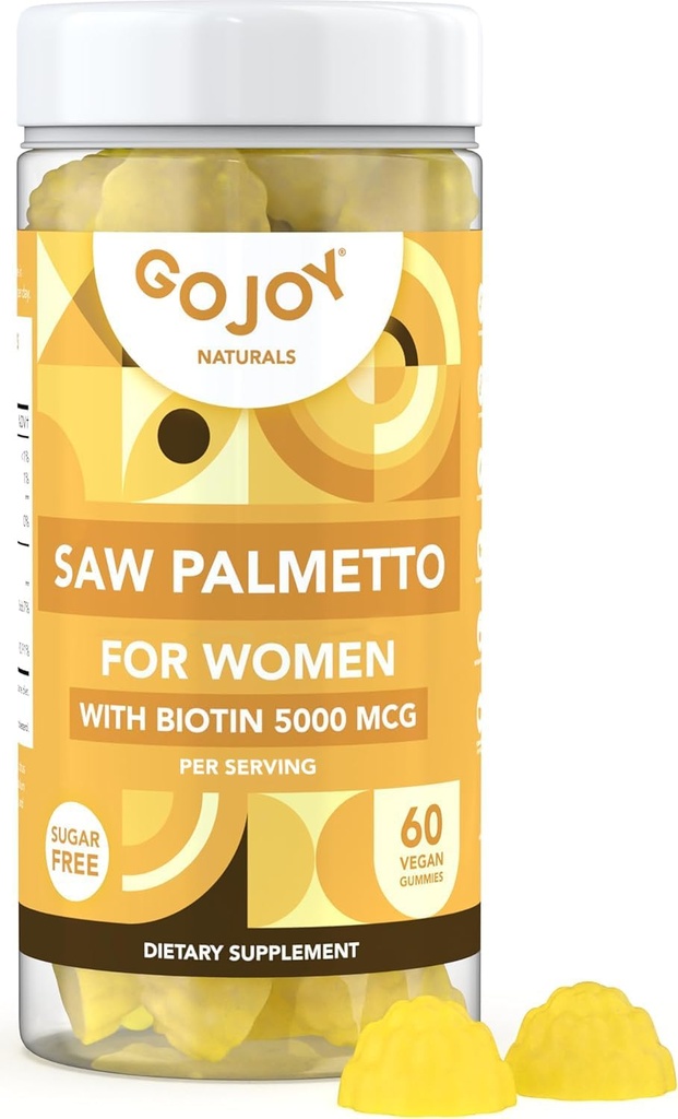 Saw Palmetto Gummies - 500mg Saw Palmetto pro ženy s 5000mcg Biotin & 10mg Zinek - Non- GMO, cukr, gluten & Soy- Free, Vegan - 3rd- Party Lab Tested, 30- Day Supply, 60 Žvýkací gumy