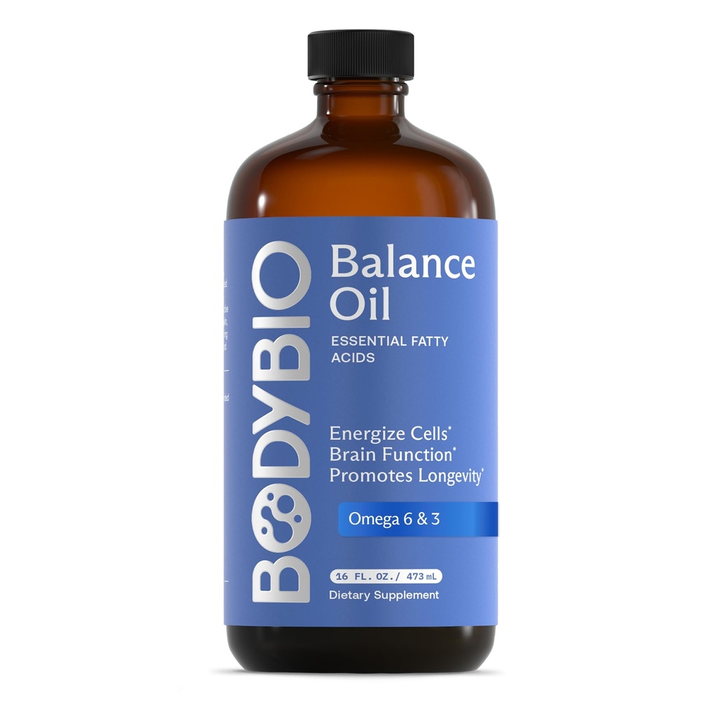 BodyBio Balance Oil - Vegan Omega 3 6 dodatek - Cold- Pressed Safflow & Flaxseed Oil - Podporuje funkci mozku, zdravou pleť, a mood