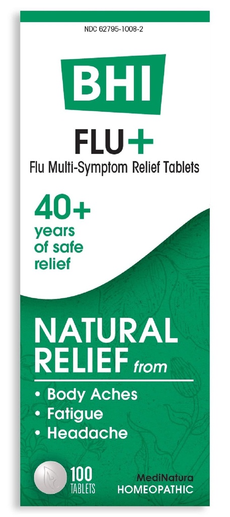 BHI Flu + studená multi- symptom Relief Natural Safe Non- Drowsy Remedy 11 Cílené homeopatické aktivní ingredience pro tělo Aches, Únava, Zimnice a bolest hlavy - 100 tablet