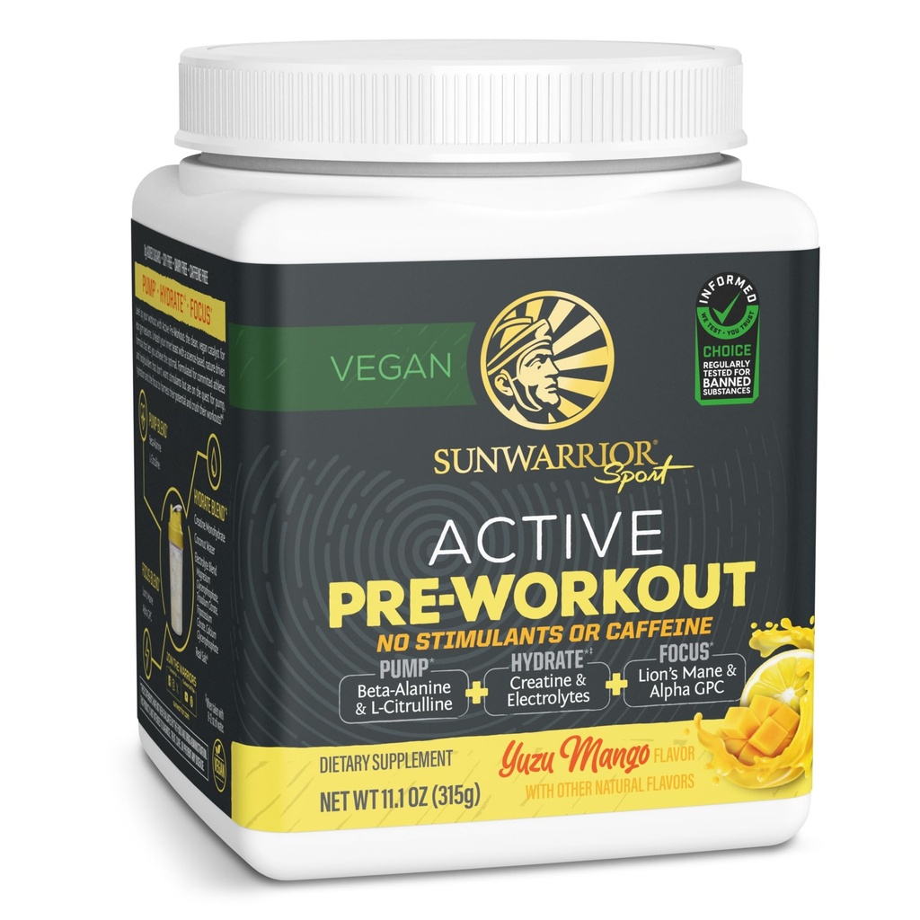 Pre Workout Powder Energy Drink Non- Stim & Caffeine Free CLANE124; Vegan Plant- Based Supplement CLANE124; Pump Hydrate Focus Endurance & Strength Builder CLANE124; Yuzu Mango ochucený 30 Serving Active Preworking