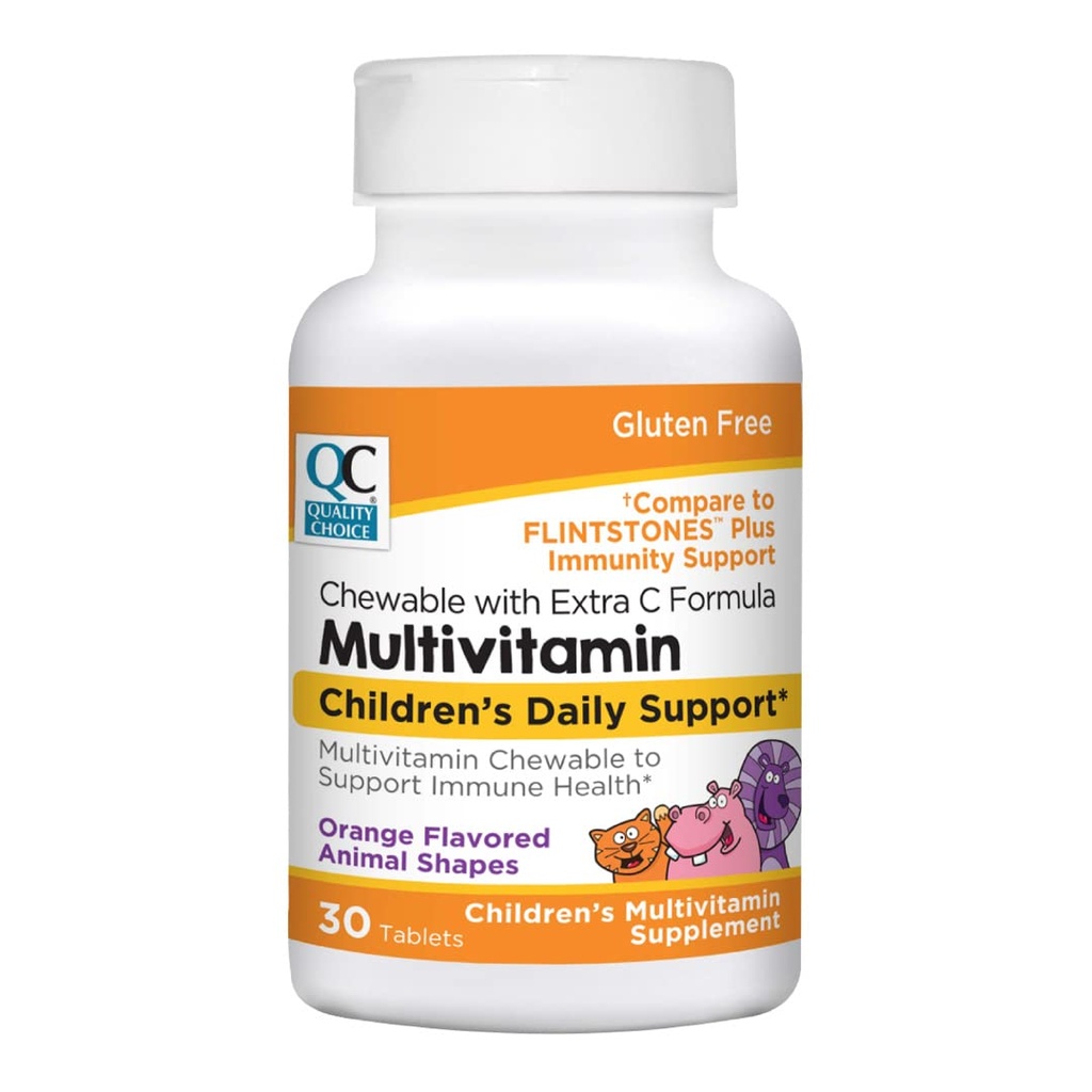 Kvalitní volba, Žvýkací zvíře Vytvarovaný dětský multivitamin s extra vitamínem C, Dětská denní podpora Orange ochucené Multivitamin Imunitní doplněk zdraví, 30 Počítací láhev