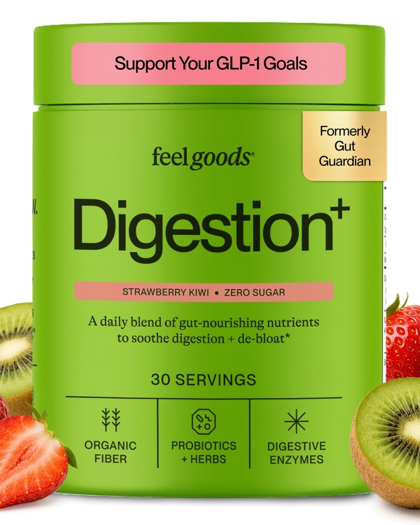 Feel zboží Gut Guard, Organic Fiber, Probiotic & Prebiotic Powder, Sugar Free, Byliny pro Bloat, Gut zdravotní podpora, Digestive Health for Men & Women, Non GMO, Vegan, Strawberry Kiwi, 30 Servings