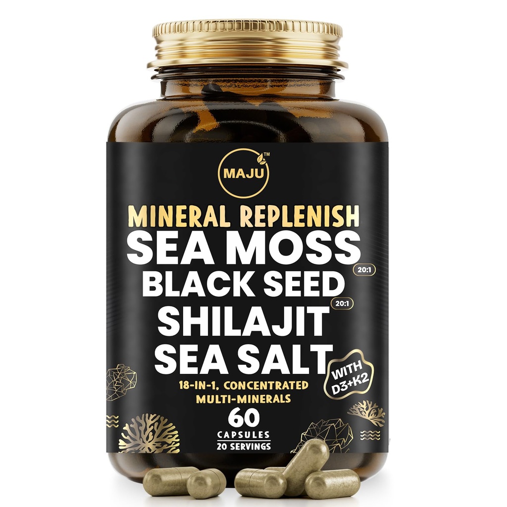 Maju Superfoods 18- in-1 Moss, Black Seed, Shilajit, Sea Salt + D3 & K2, Koncentrované extracts, Stopa Multi minerální kapsle, pro muže a ženy Minerální elektrolyty doplňky