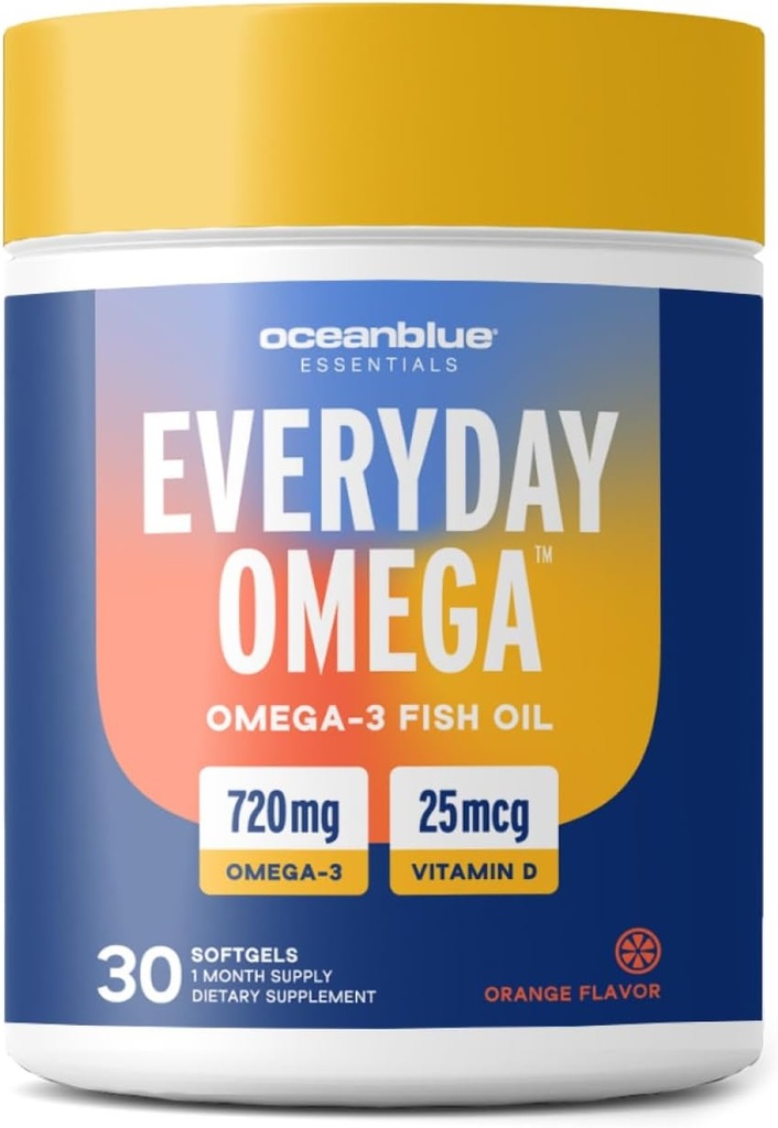 Oceanblue Omega 3 Dodatek pro ženy 124; Bezproblémový rybí olej 720mg s vitamínem D3 Omega 124; Imunitní podpora srdce, Molekulárně destilované oranžové aroma (30 hrabě jeden den Omega)