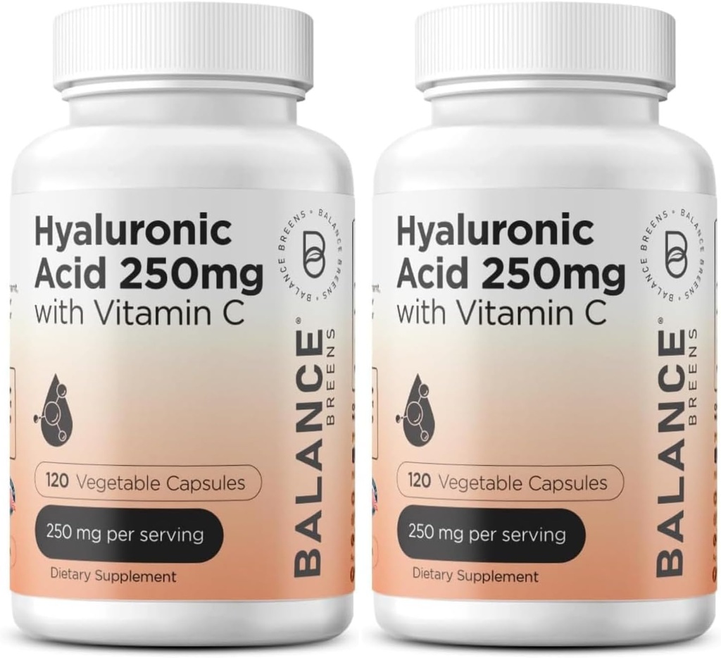 Čistá hyaluronová kyselina doplněk 250mg s vitaminem C 50mg, 120 Vegan Kapsle - Hydratace kůže pro přírodní lesk, vlasy, nehty, kost a společné zdraví Formule