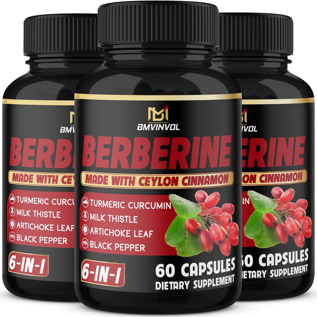 (3 balíky) Berberine dodatek Plus Cejlon Skořice, Mléko Thistle, Kurkuma, Artyčoky Leaf, Black Peppe - 6 Měsíční dodávky - 180 Kapsle Celkem