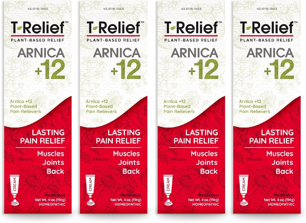 T- Relief Arnica + 12 Cream Natural Relieving Agents for Back Pain Joint Somental Aches & Stiffness, Whole Body Fast Relief for Women & Men - 4 oz (4 oz)