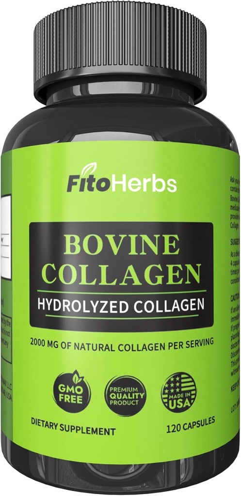 Vegan Bovine Collagen Kapsle - Výkonné doplňky pro muže a ženy - Hydrolyzované Bovine Collagen Peptides Dodatek pro společné, Nerve & Bone Support - Tráva Fed, Non- GMO - 120 Kapsle