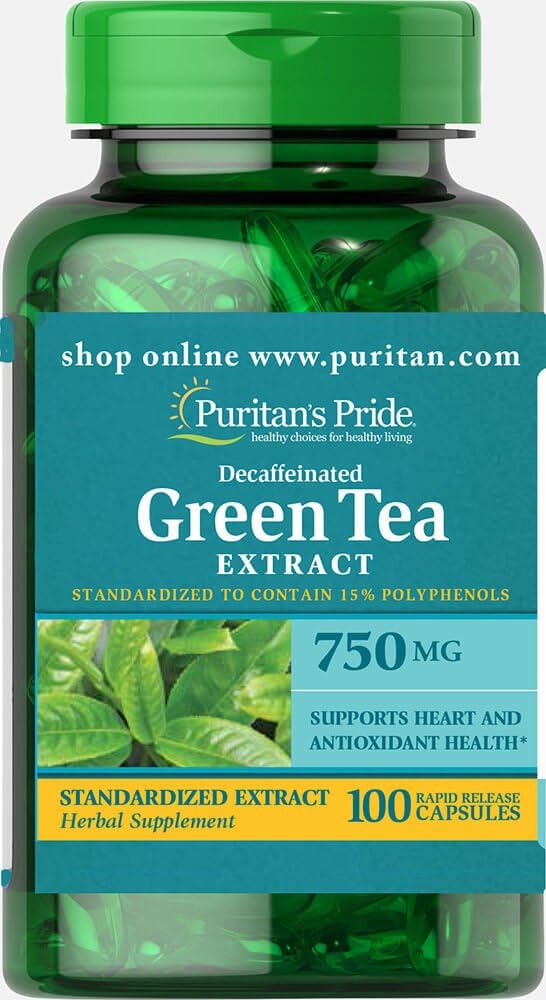 Puritan 's Pride Decaffeinated Green Tea Standardizovaný extrakt 750 mg -100 Kapsle