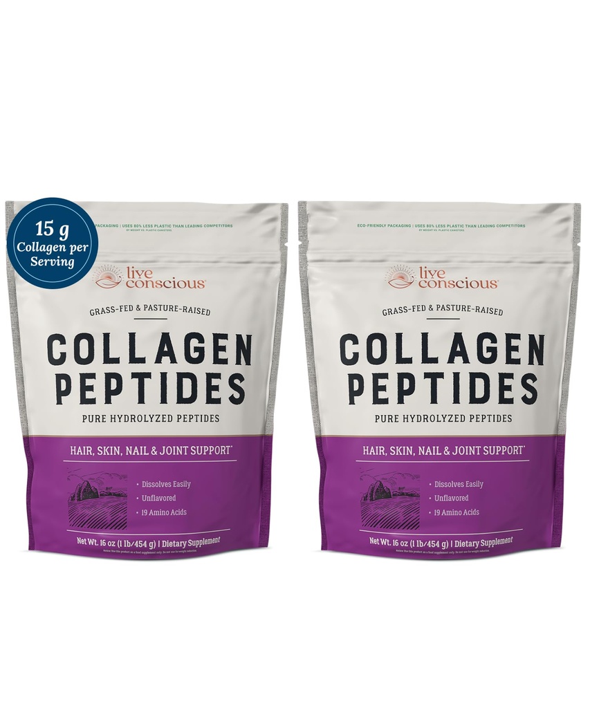 Live Conscious Collagen Peptides Powder - Vlasy, kůže, hřebík a společná podpora - Typ I & III Collagen - Naturally-Sourced Hydrolyzed Protein - 16oz (2-Pack)