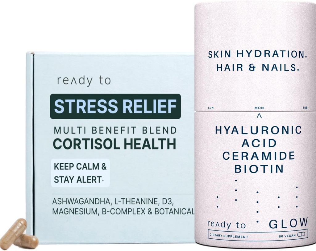 Kůže a stres Relief Set 124; Cortisol Zdraví & Anti- Stárnutí Doplňky s Ashwagandha, Hyaluronic kyselina, Ceramidy, Biotin & Antioxidanty
