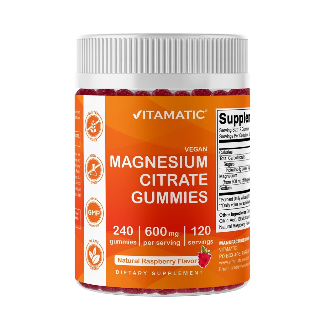 Vitamatic Magnesium Citrate Gummies 600mg per Serving - 240 Vegan Gummies - Natural Raspberry Flavor - High Absorption Magnesium Supplement - Podporuje Nerve, kosti a svalnaté zdraví