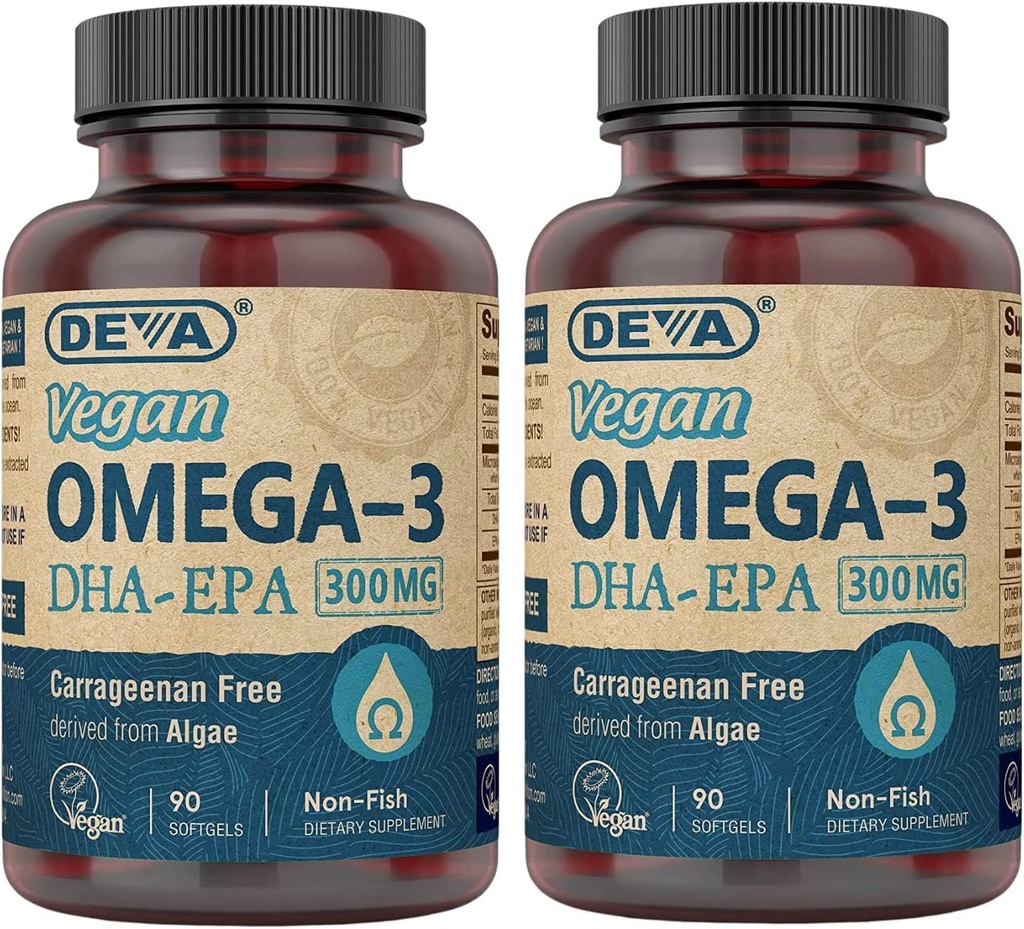 DEVA Vegan DHA-EPA Nutritional Supplement, Non- Fish Derived from Algae, 300 mg Potency, 90 Vegetarian Softgels - Balení po 2