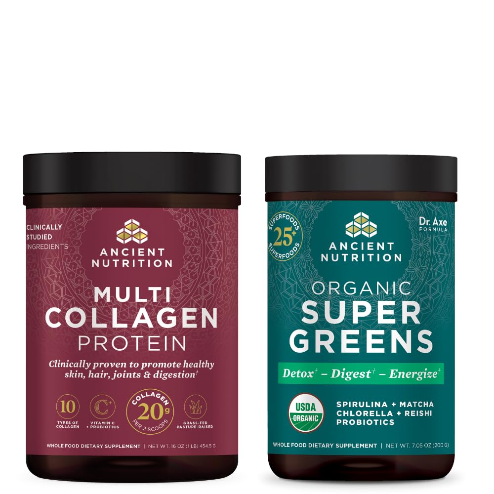 Starověká výživa Organic SuperGreen Powder, 25 Servings + Multi kolagen Protein Powder, Neochucené, 45 Servings