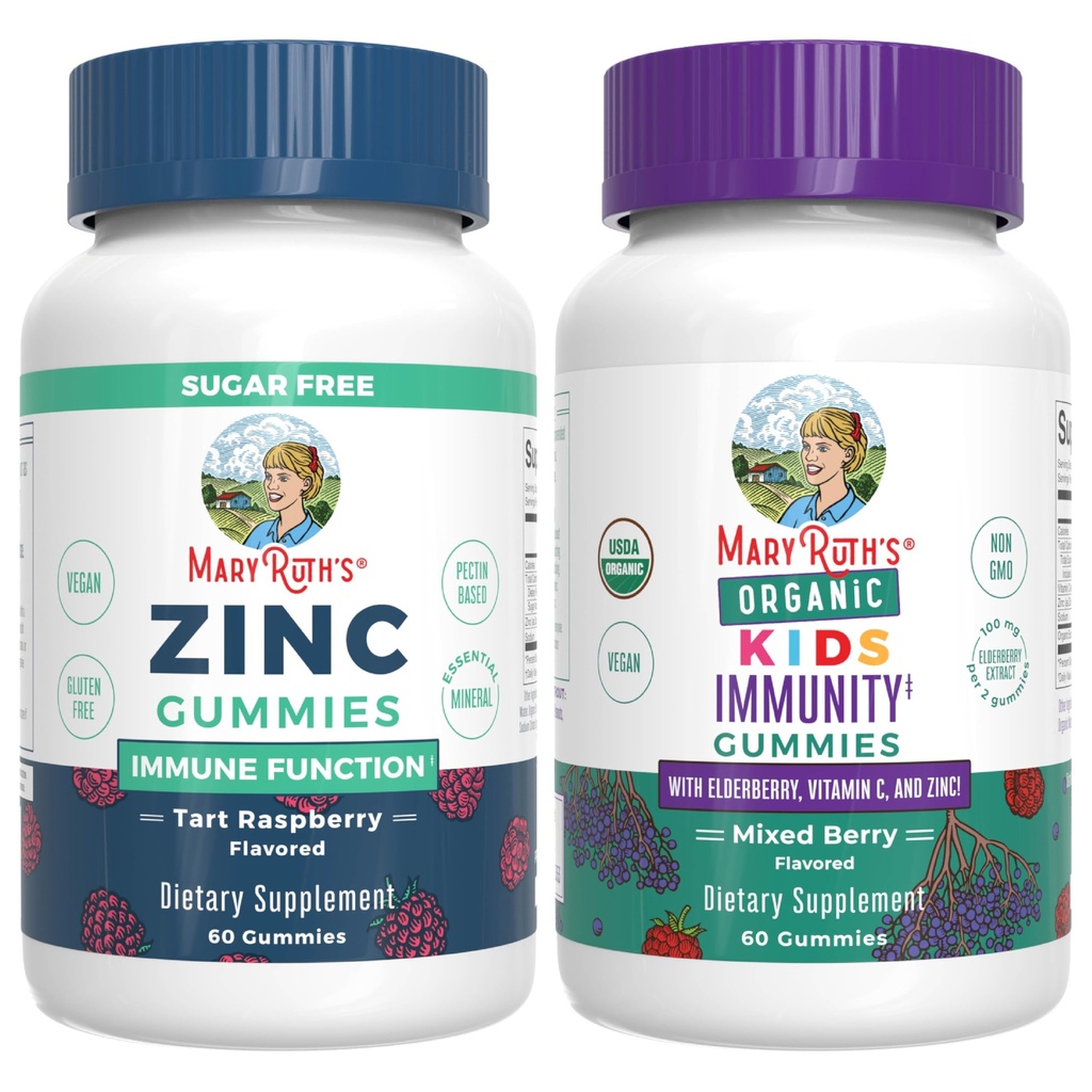 MaryRuth Organics Zinc (Tart Raspberry) & Kids Imunity Gummies (Mixed Berry) CUR 124; Clean Label Project Ověřený ® CUR 124; Vitaminy pro imunitu a celkové zdraví a wellness CUR 124; Vegan, Non- GMO, No Gelatin