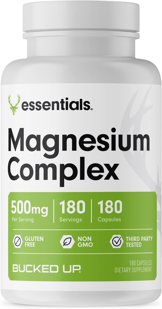 Doplněk k hořčíku 500mg Kapsle 124; Komplex hořčíku s Glycinátem, Citrátem a oxidem uhličitým 124; 3 Aktivní formy hořčíku 124; Easy on Stomach 124; Vyrobeno v USA 124; Bucked Up Essentials (180 Servings)