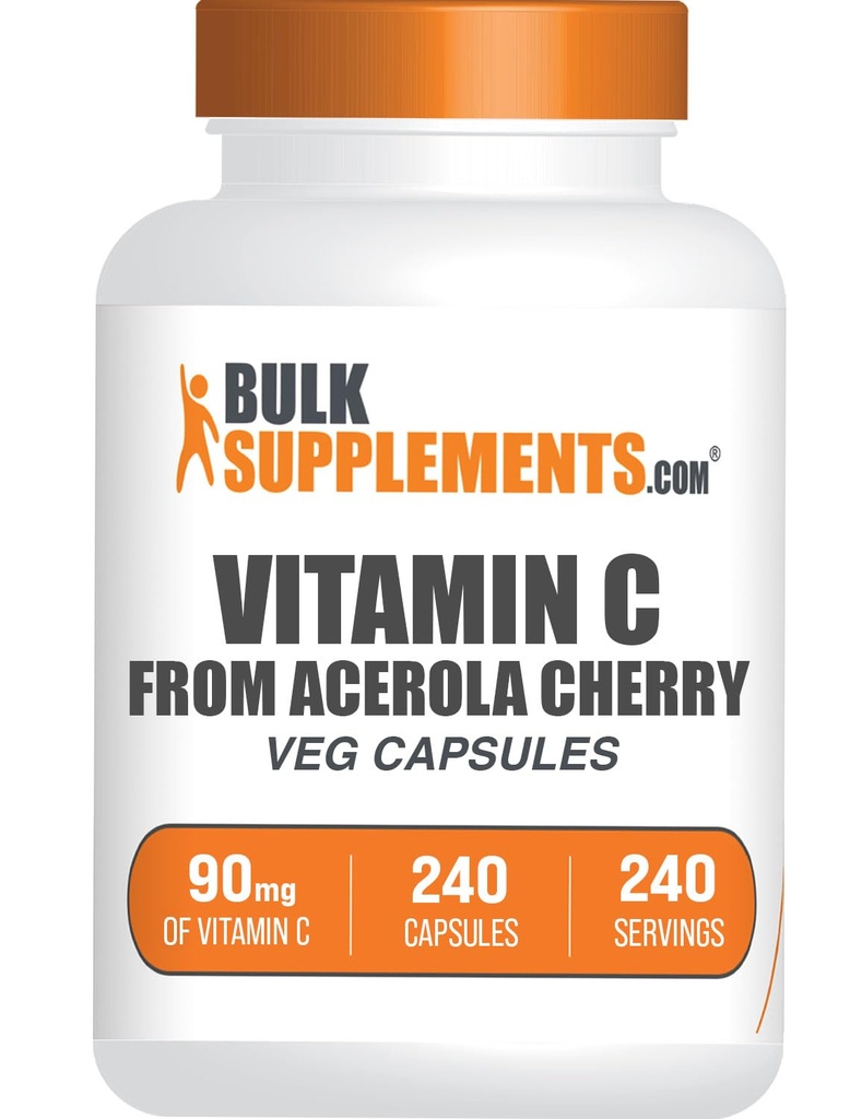 BulkSupplements.com Vitamin C z Acerola Cherry Kapsle - Acerola Cherry Vitamin C dodatek - Lepek zdarma, 1 kapsle per Serving, 240 Veg Kapsle (Balení po 1)