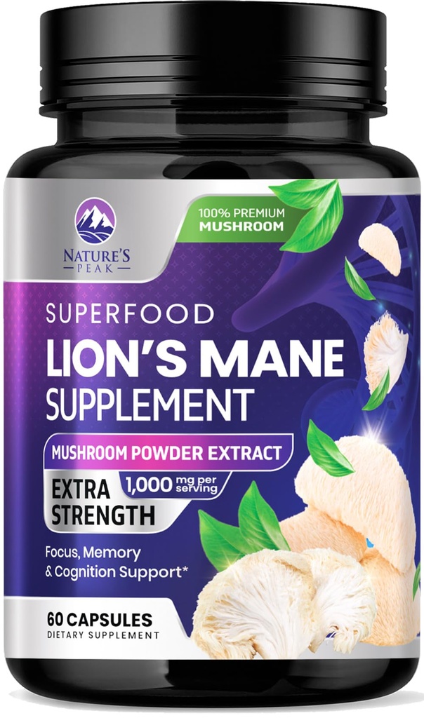 Lví hříva Houba Kapsle 10,000mg - Lví hříva doplněk Kapsle pro paměť a Focus Support, Mozek, Imunitní podpora zdraví, Vegan, Lahve v USA, Lví hříva Houba prášek extrakt, 60 Počet