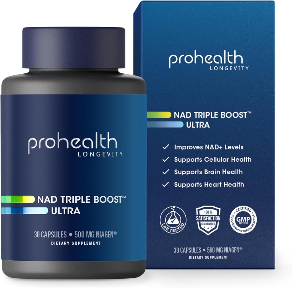 ProHealth NAD Triple Boost Ultra + 500mg Niagen NR. 3X NAD + Optimizer Plus Apigenin, PQQ, Quercetin. Promotes Longevity, Heart and Brain Health, Activates Sirtuins for Cellular Repairs (30 Služeb)