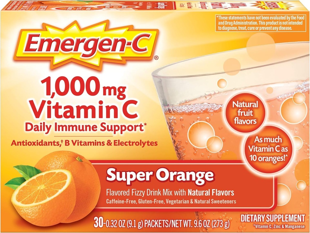 Emergen- C 1000mg vitamin C prášek pro denní imunitní podporu kofein zdarma vitamín C doplňky se zinkem a mangan, Super Orange Flavor - 30 Počet