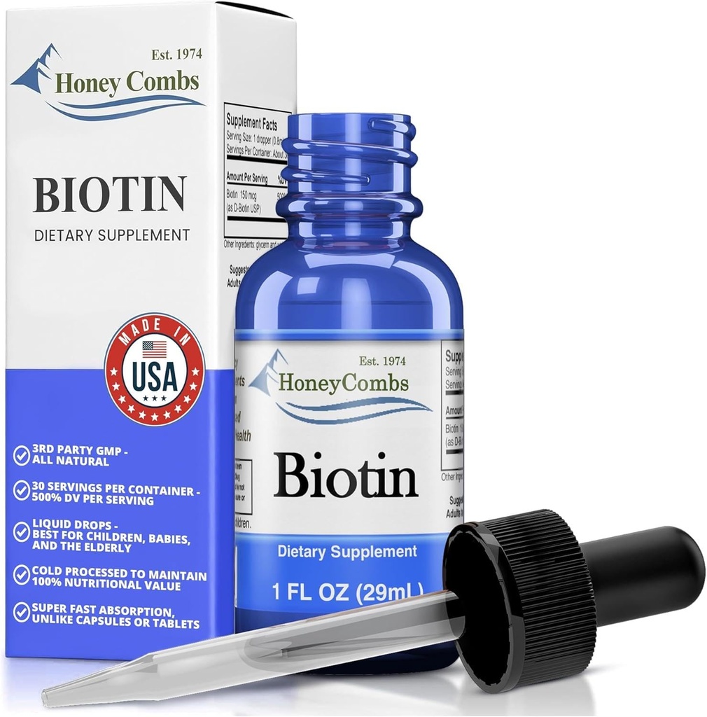 Biotin Liquid Drops Made in USA - Skvělé pro vlasy, pleť, hřebíky 500% DV per Serving - 36 Servings per Container - Skvělé pro muže, ženy, děti - Vegan Vitamin B7 Liquid - Bulk Velikosti také k dispozici