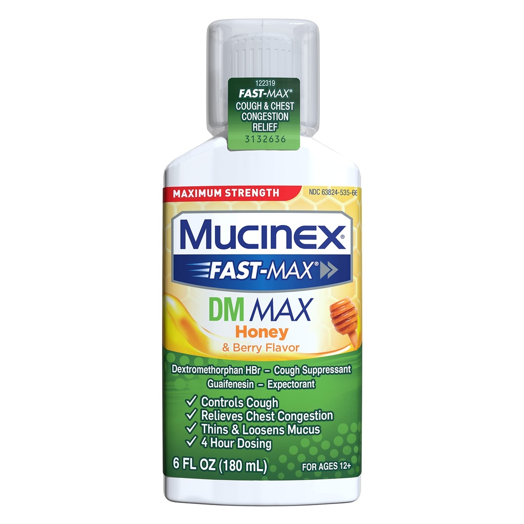 Mucinex Fast- Max Maximální síla DM MAX, Symptom Relief, Cough Conpressant a Expectorant, Honey & Berry Flavor, 6 FL OZ