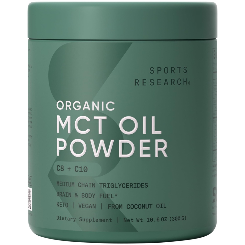 Sports Research Organic MCT Oil Powder - Keto & Vegan MCTs C8, C10 z kokosů - mastné kyseliny Brain & Body Fuel, non-GMO & gluten Free - Neochucené, perfektní v kávě, čaj & protein shakes - 10.6 oz