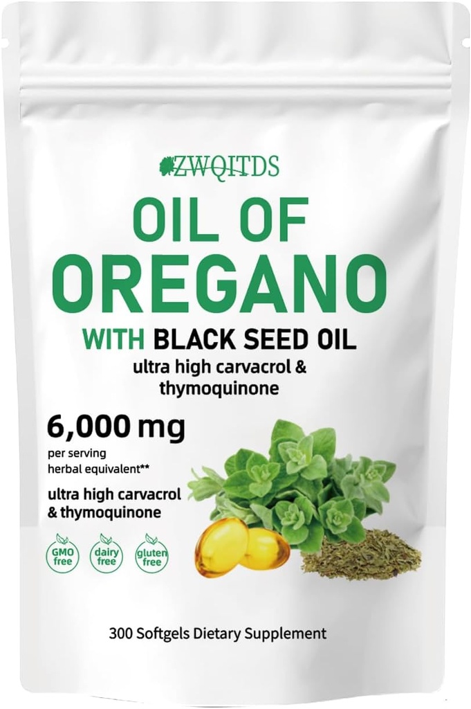 Olej oregano s černým semenným olejem 2- in-1 Softgels 6000mg 300 Count Non- GMO imunitní podpora Bylinné Formule