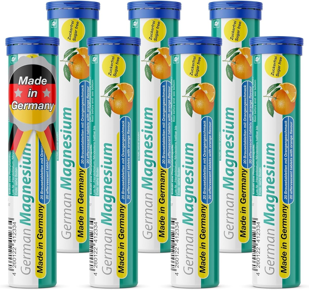 Německý dodatek k oxidu hořečnatému 124; Effervescentní tablety 124; Orange Flavor - 200 mg hořčíku na porci 124; bez cukru, Vegan - T & D Pharma - Made in Germany