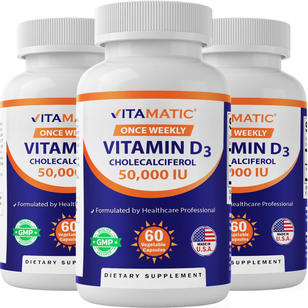 Vitamatic 3 Pack Vitamin D3 50,000 IU (jako cholekalciferol), Once Weekly Dose, 1250 mcg, 60 Veggie Kapsle 1 rok Dodávka, Progresivní vzorec Pomoc vitamínu D Deficience